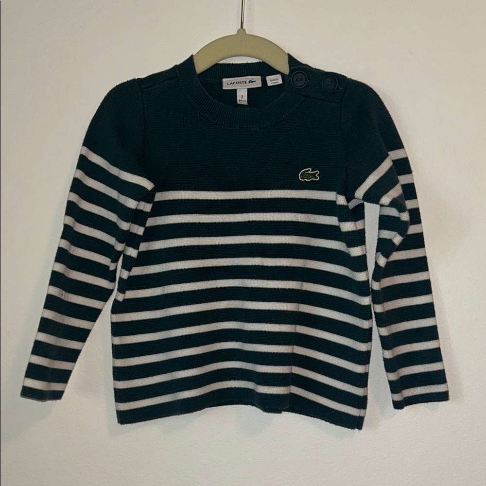 Lacoste Green & White Striped Button-Shoulder Crewneck Sweater